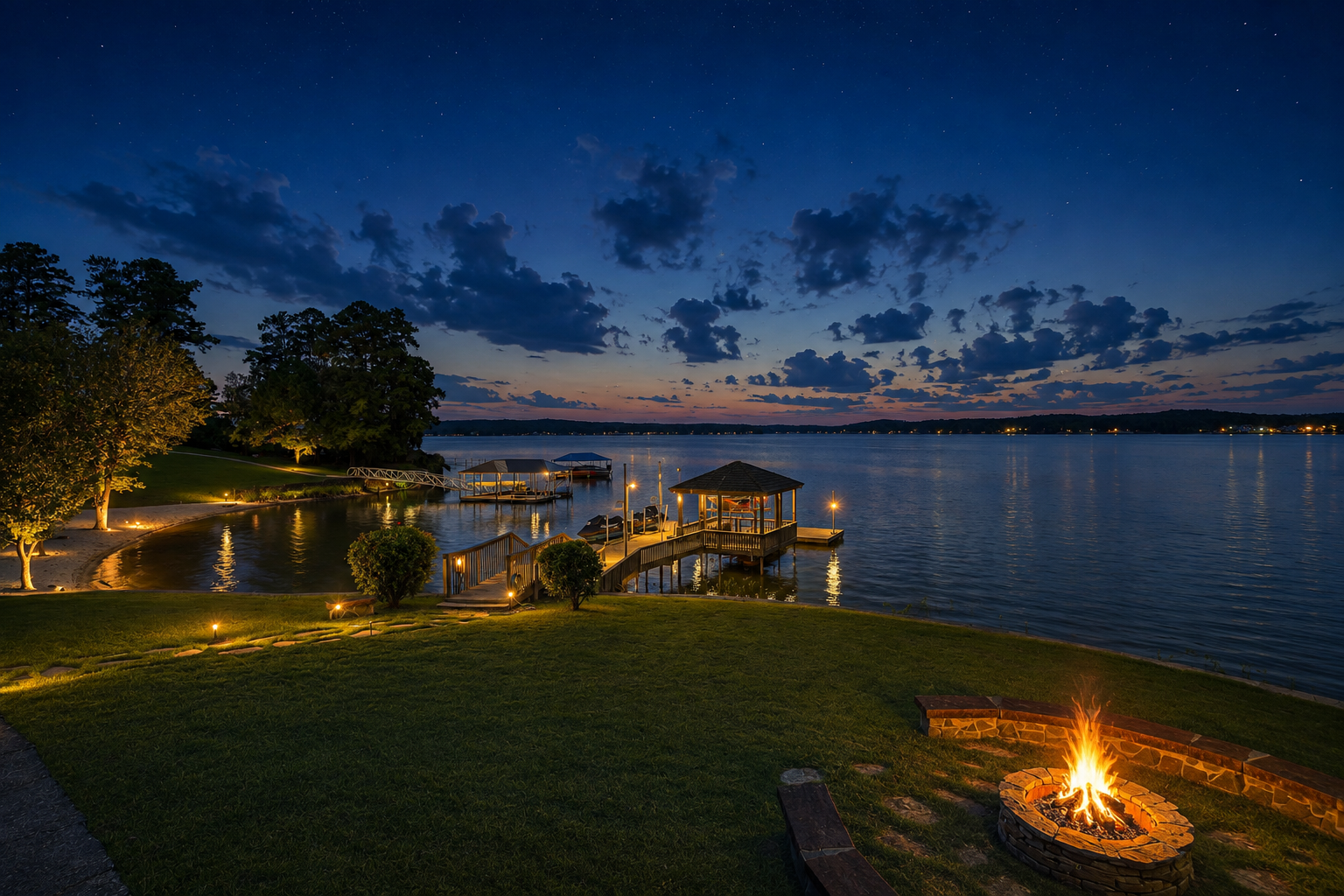 Outdoor fire pit and stone patio at Rock Bridge Lodge